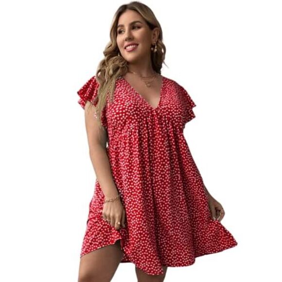 Floerns Women's Plus Size Floral V Neck Ruffle Sleeve Short Summer Dress A Red - Picture 1 of 1